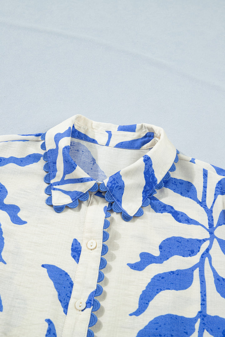 Sky Blue Leafy Botanical Print Side Tie Button Down Maxi Dress
