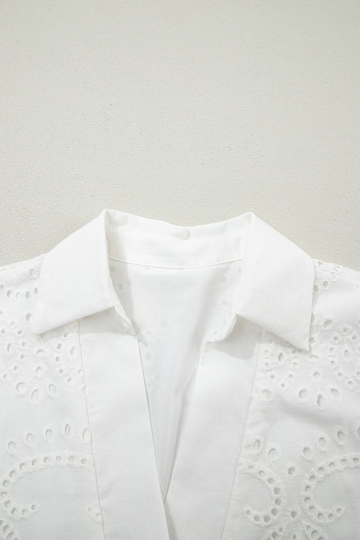 White Solid Color Eyelet Embroidered Cotton T Shirt Mini Dress