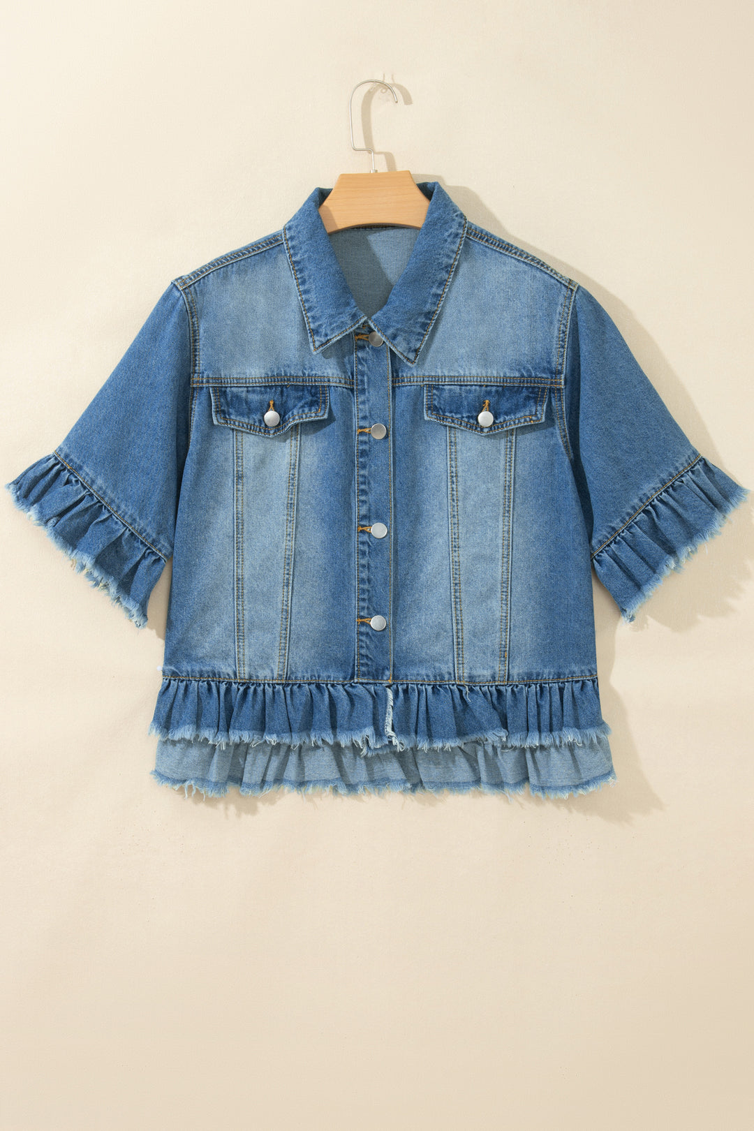 Blue Ruffle Hem Raw Edge Half Sleeve Western Denim Jacket
