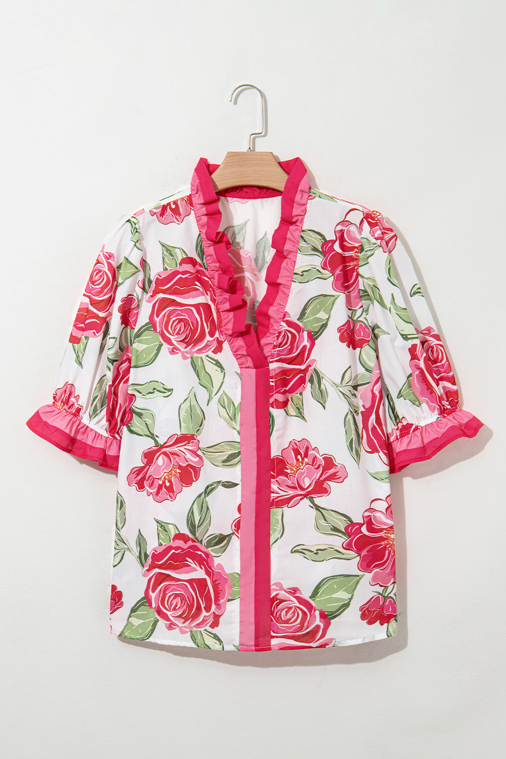 Rose Plus Size Floral Print Frilled Stripes Detail Short Sleeve Blouse