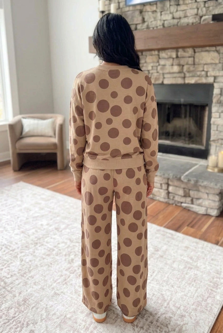 Khaki Polka Dot Long Sleeve Top Drawstring Relaxed Pants Set