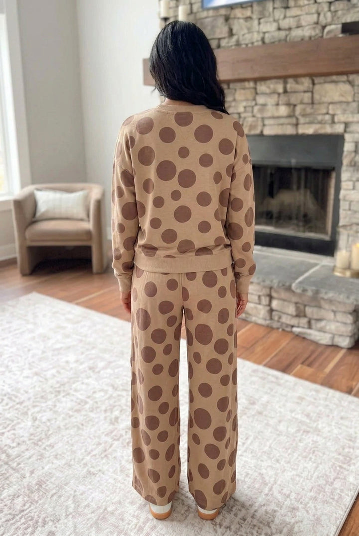 Khaki Polka Dot Long Sleeve Top Drawstring Relaxed Pants Set