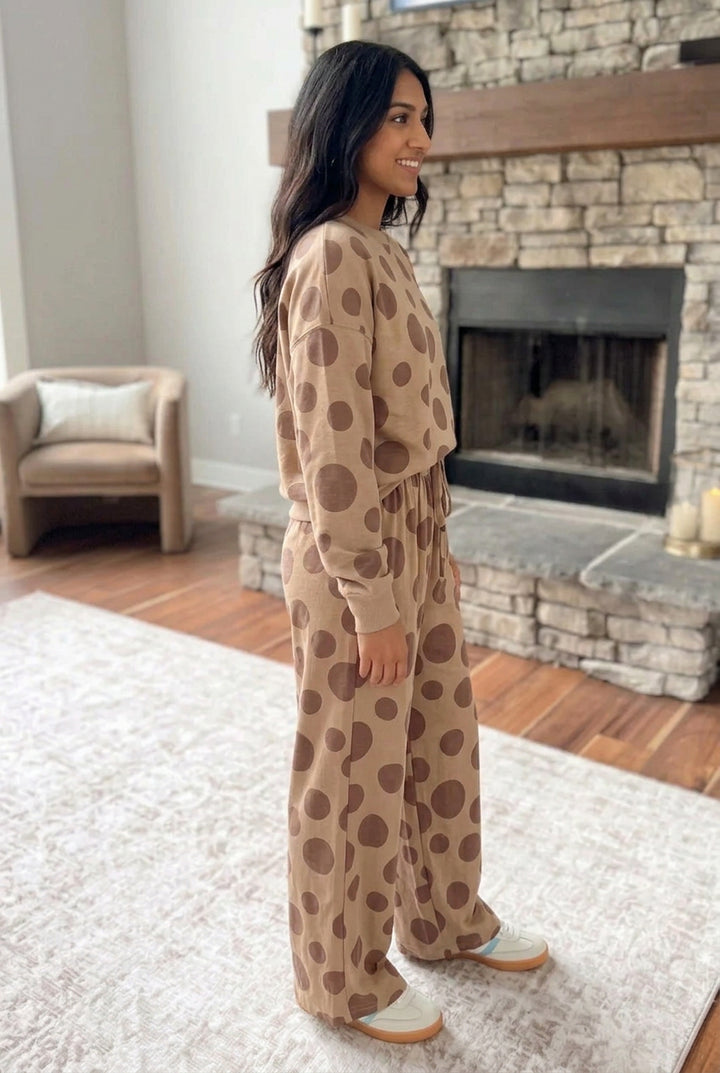 Khaki Polka Dot Long Sleeve Top Drawstring Relaxed Pants Set