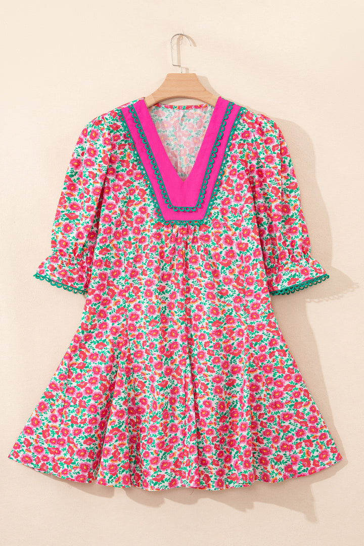 Pink Floral Print V Neck Patchwork Short Bubble Sleeve Mini Dress