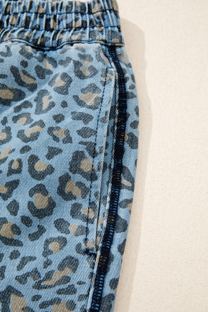 Blue Leopard Print Exposed Seam Detail Wide Leg Drawstring Jeans
