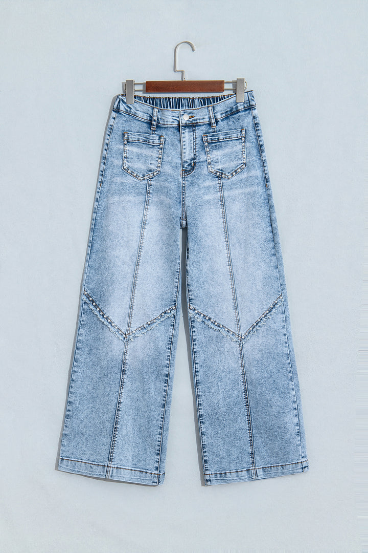 Beau Blue Frayed Studded Detail Wide Leg Pocketed Jeans