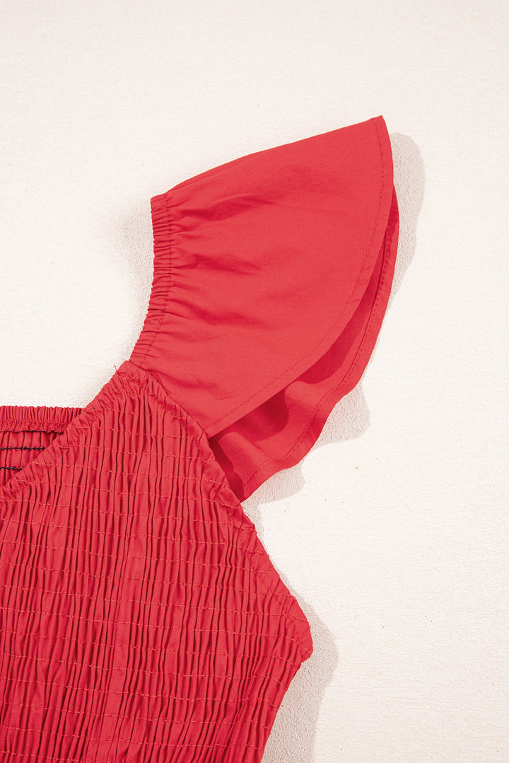 Pink V Neck Flutter Sleeve Smocked Bodice High Waist Ruffle Maxi Dress