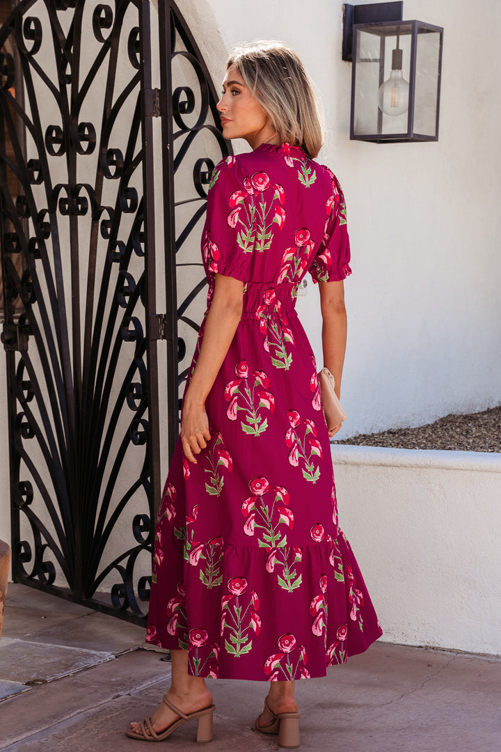 Red Floral Print Frilled V Neck Short Sleeve Ruffle Maxi Dress