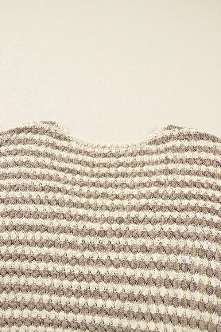 Khaki Stripe Plus Size V Neck Drop Shoulder Sweater