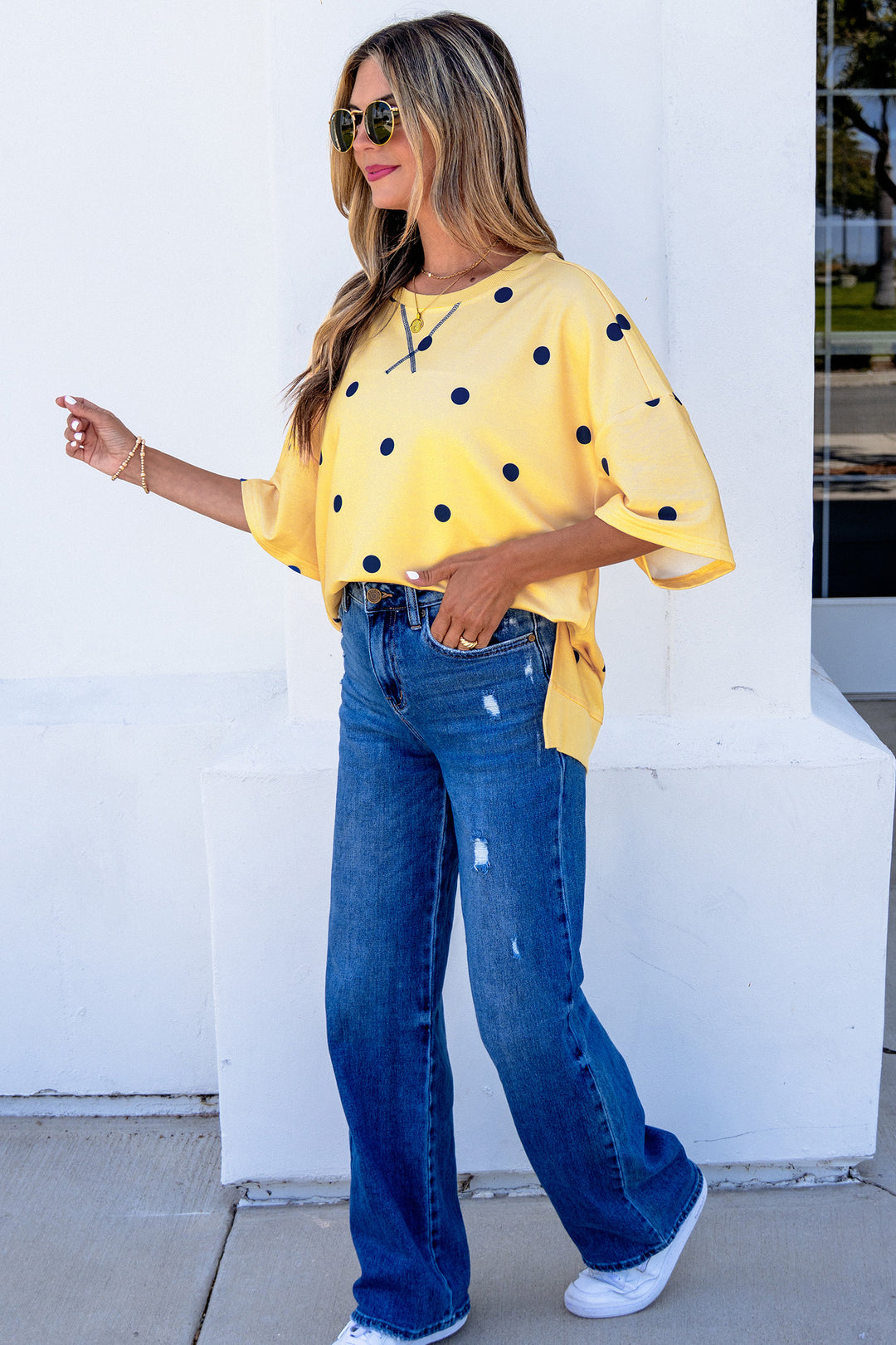 Yellow Polka Dot Print Crossed Seam Detail Oversize Tee