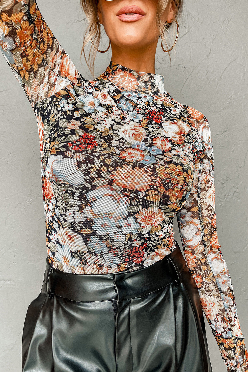 Brown Floral Long Sleeve High Neck Sheath Mesh Top