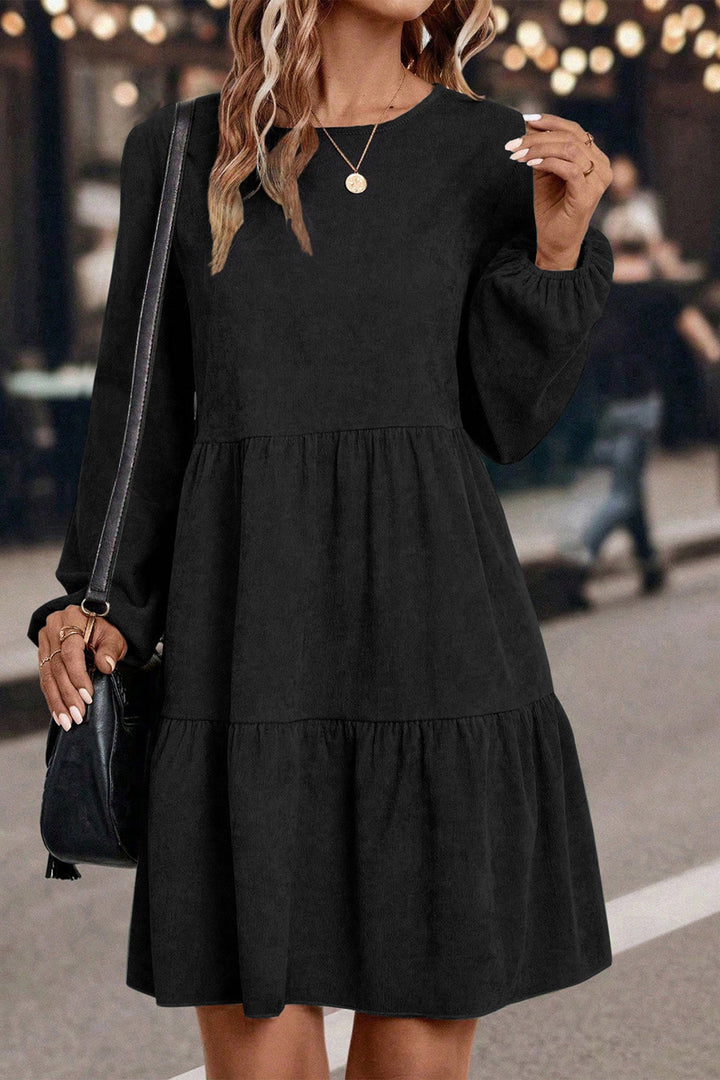 Dark Brown Lantern Sleeve Tiered Mini Dress