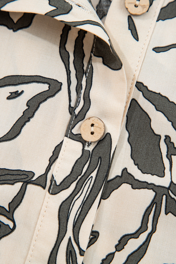 Gray Morn Floral Print Batwing Sleeve Buttoned Loose Fit Shirt