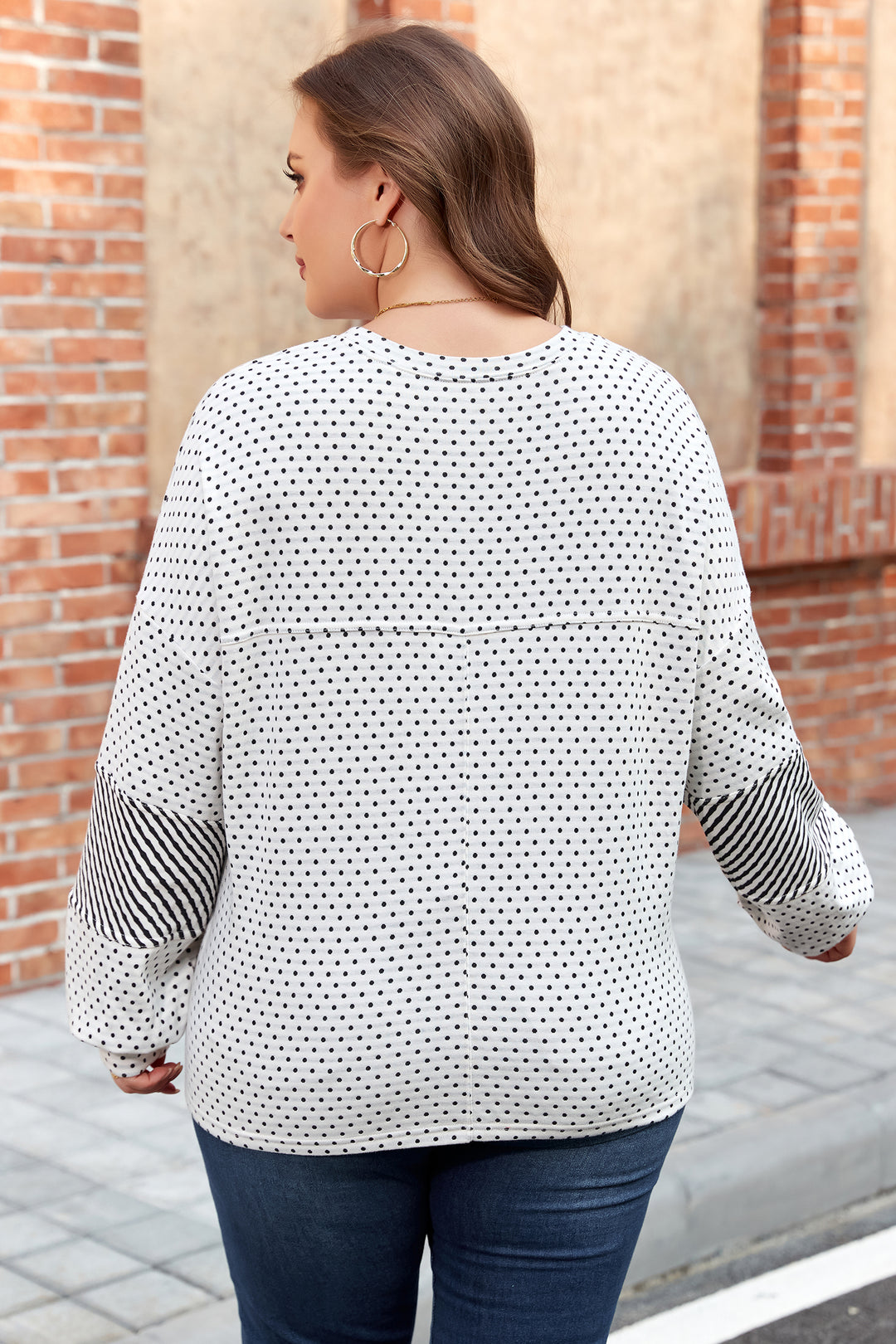 Beige Plus Size Dot Print Striped Patchwork Long Sleeve Henley Top