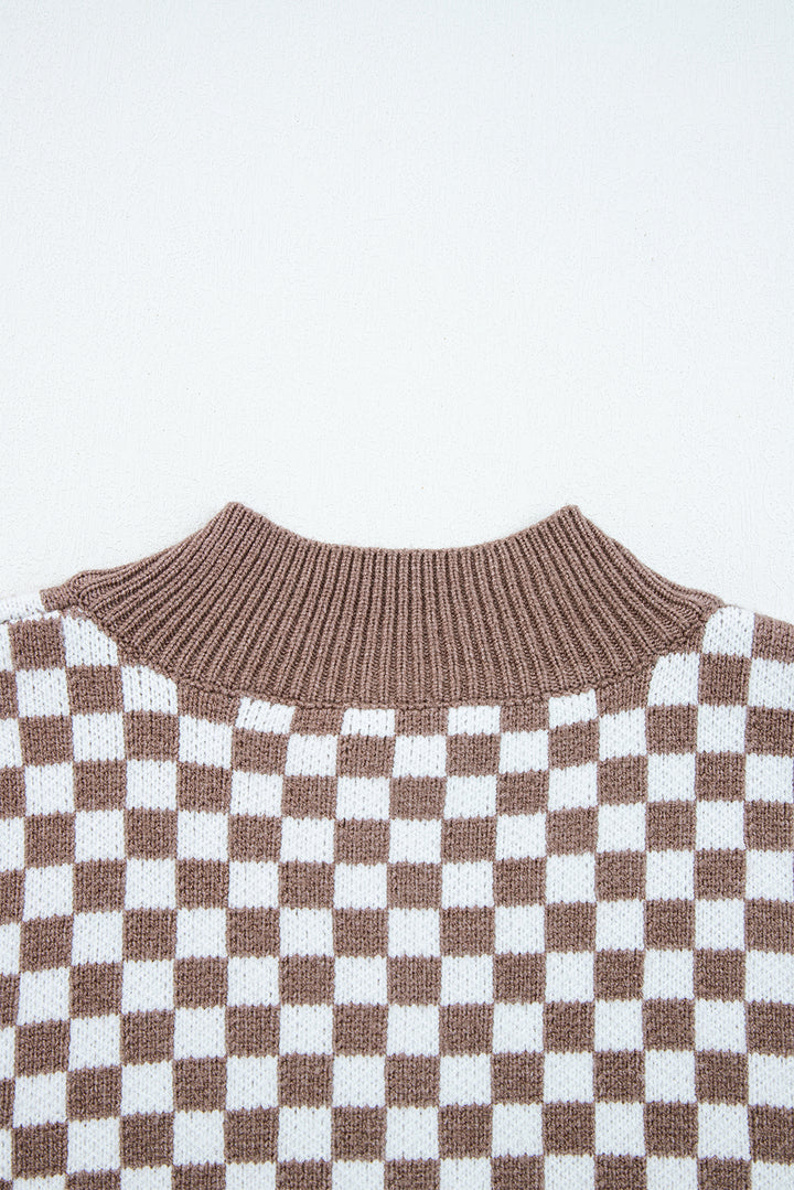 Dark Brown Half Button Ribbed Trim Checkerboard Knit Sweater
