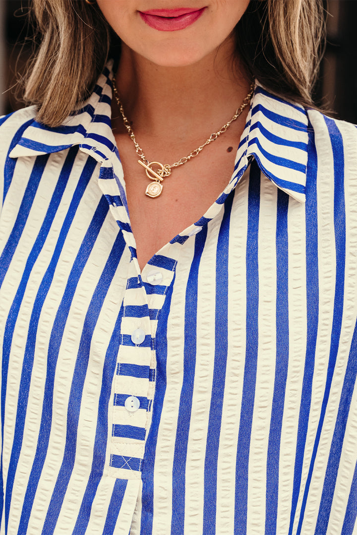 Blue Stripe Collared Half Button Side Pockets Loose Fit Mini Dress