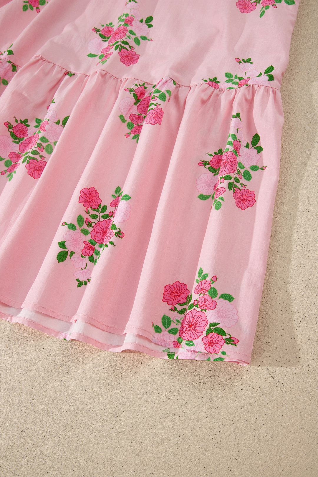 Pink Notched Neck Flutter Short Sleeve Floral Print Maxi Dress