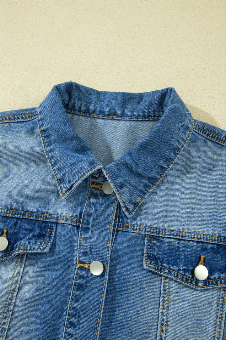 Blue Ruffle Hem Raw Edge Half Sleeve Western Denim Jacket