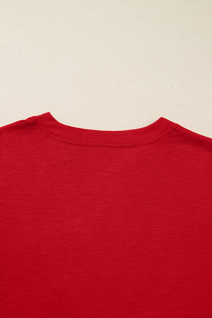 Racing Red Solid Color Button V Neck Long Sleeve Top
