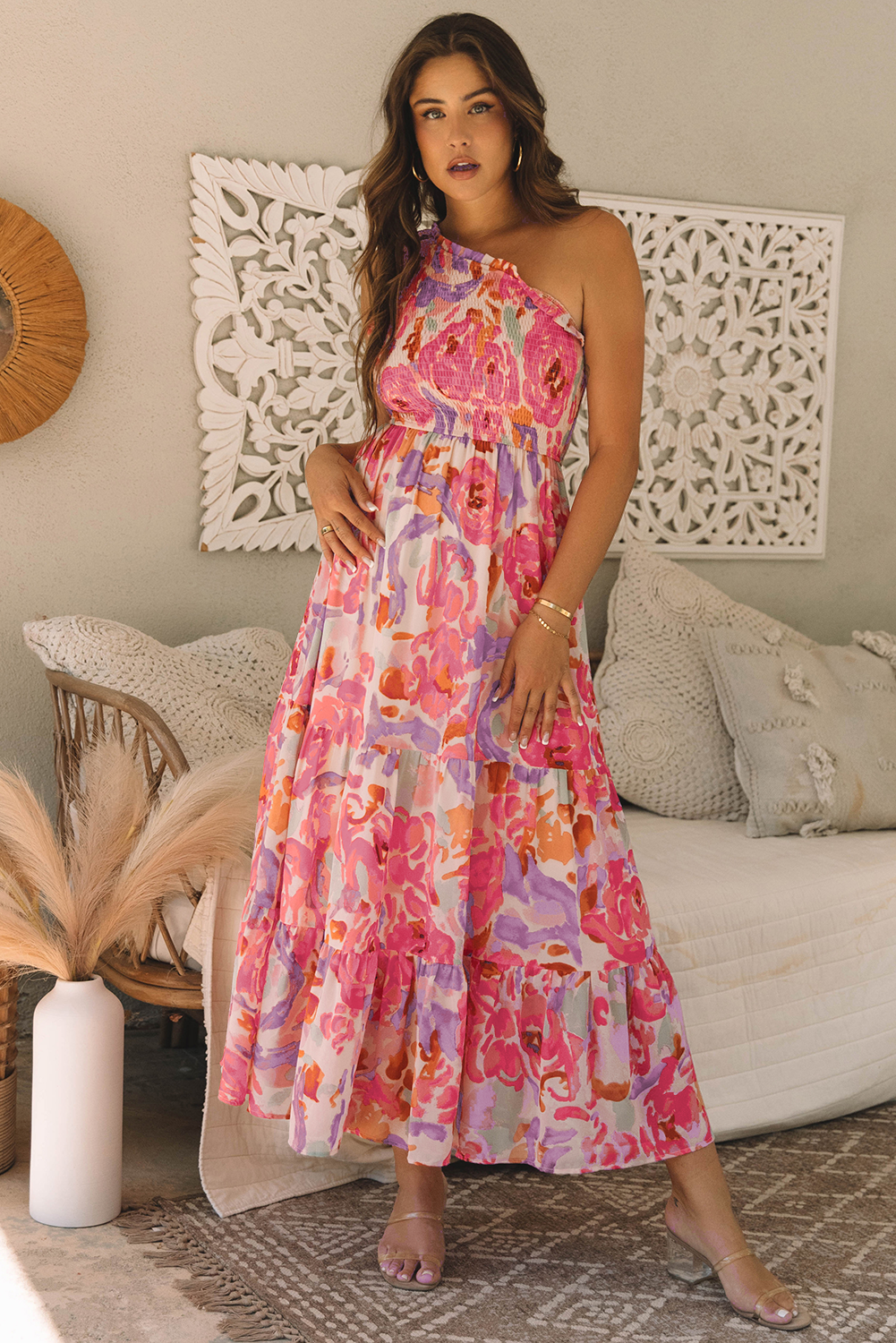 abstract floral maxi dress Pink Abstract Floral Print Shirred One Shoulder Maxi Dress – Errabelly