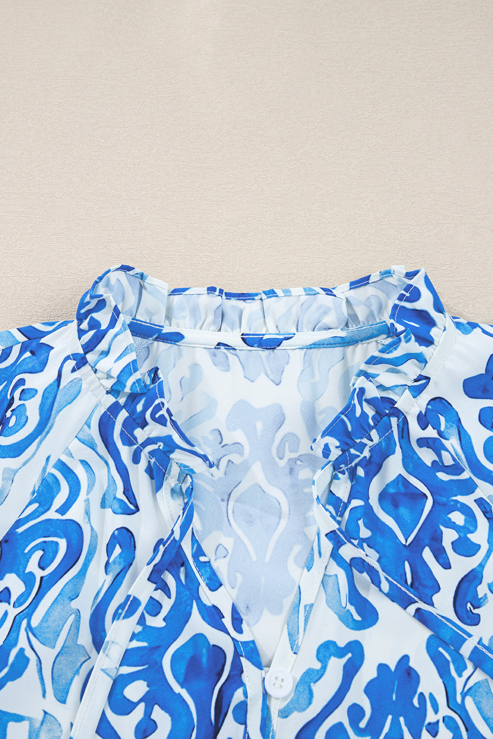 Sky Blue Ethnic Printed Tie Split Neck Button Front Puff Sleeve Shirt