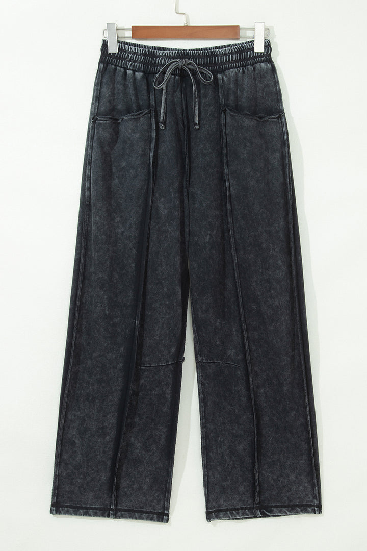 Black Mineral Wash Raw Seam Drawstring Elastic Waist Barrel Pants