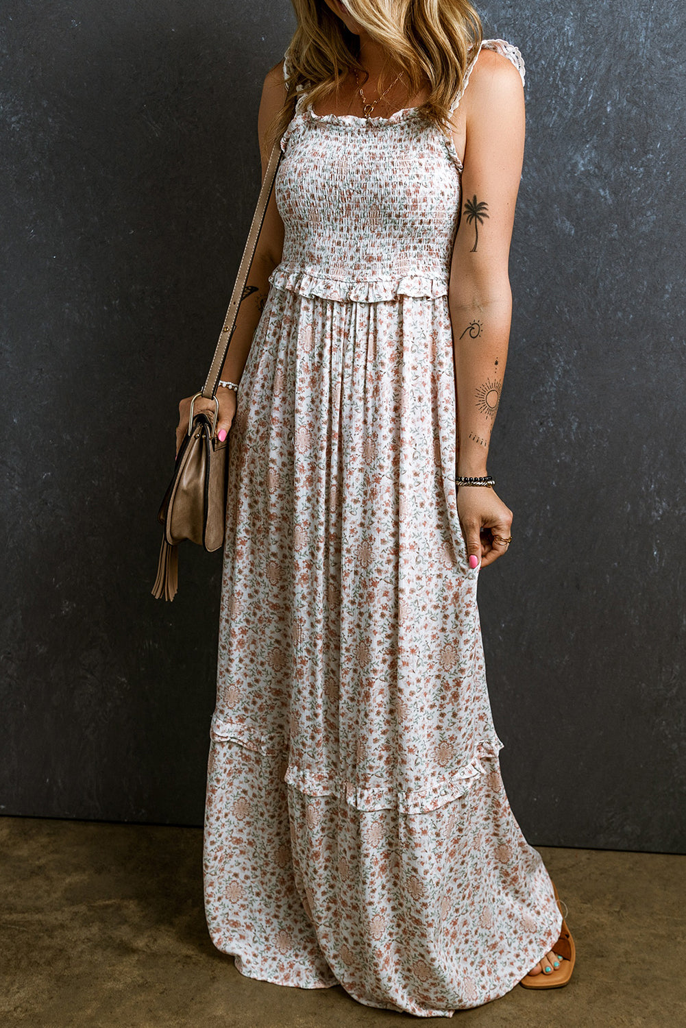 White Lace Frilly Straps Shirred Floral Maxi Dress | Women