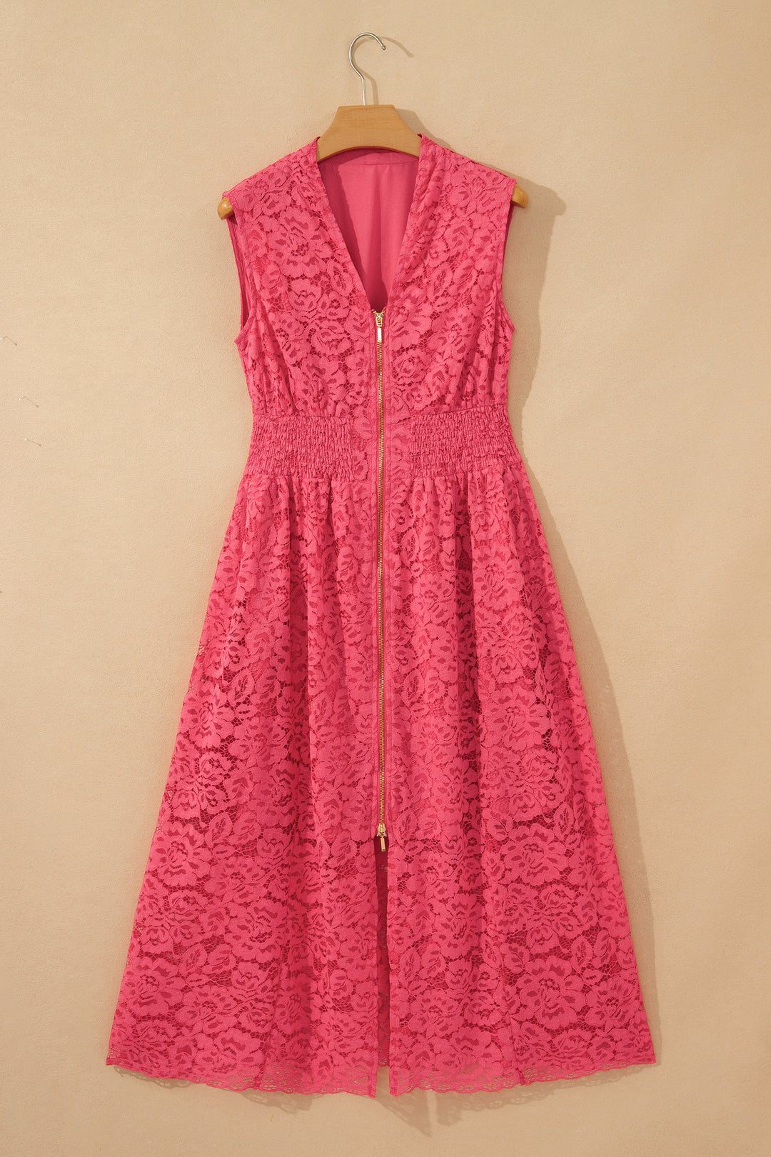 Coral Floral Lace Overlay Zip Up V Neck Smocked Waist Sleeveless Dress