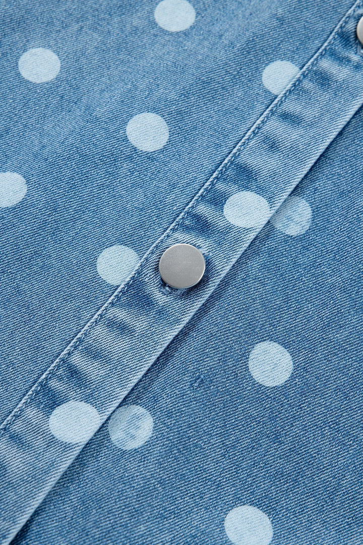 Sky Blue Polka Dot Print Ruffled Short Puff Sleeve Button Down Loose Denim Dress