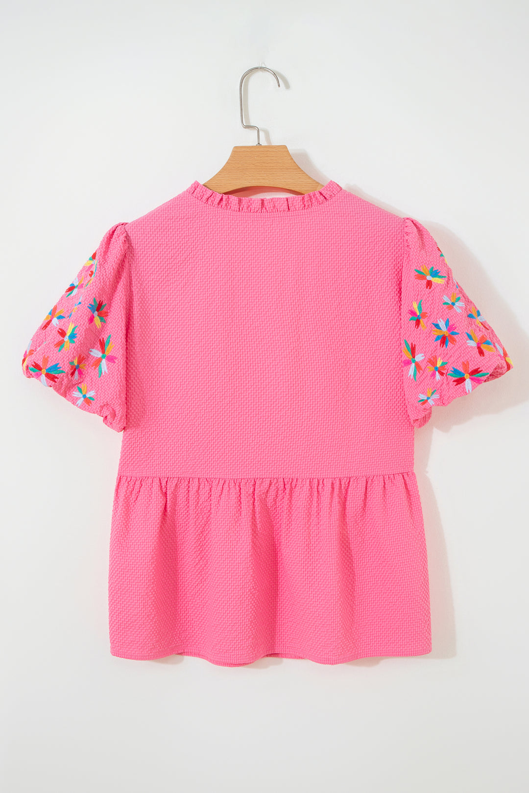 Sachet Pink Frilled V Neck Flower Embroidered Puff Sleeve Textured Blouse