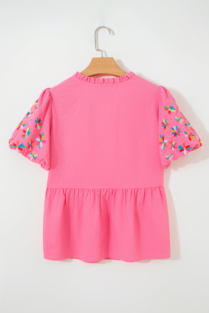 Sachet Pink Frilled V Neck Flower Embroidered Puff Sleeve Textured Blouse