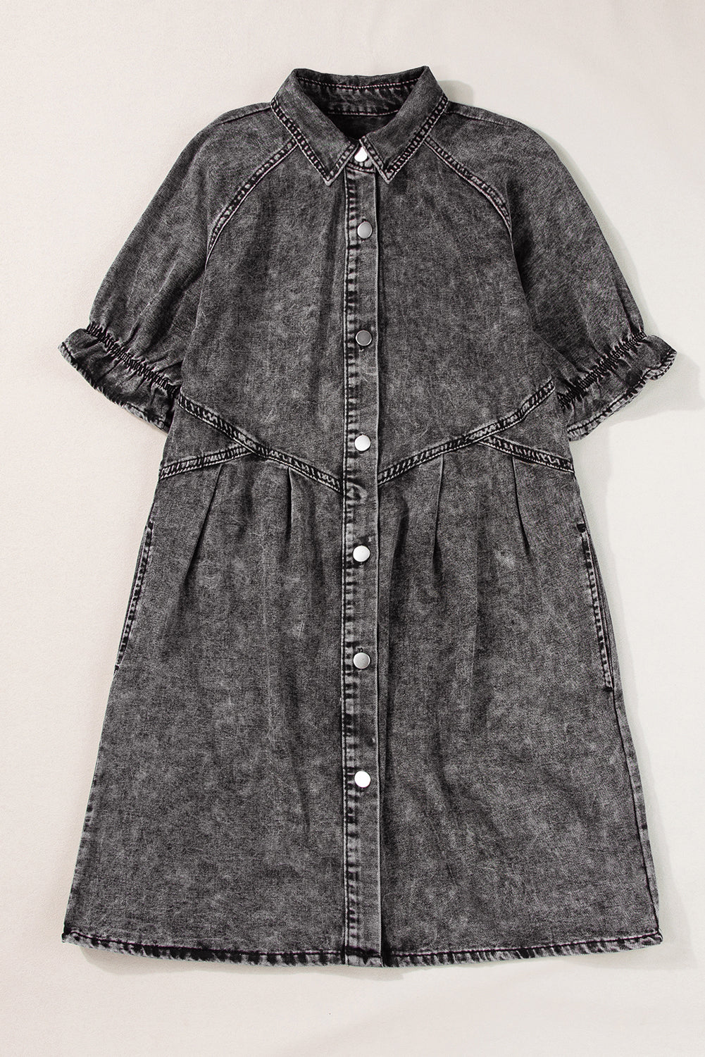 Medium Grey Mineral Wash Ruffled Short Sleeve Buttoned Denim Dress  | Women