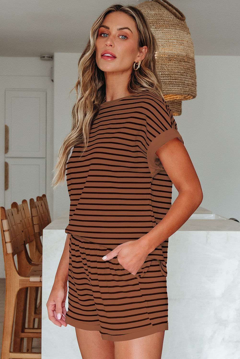 Brown Cotton Stripe Ribbed Dolman Tee Elastic Waist Casual Short Set