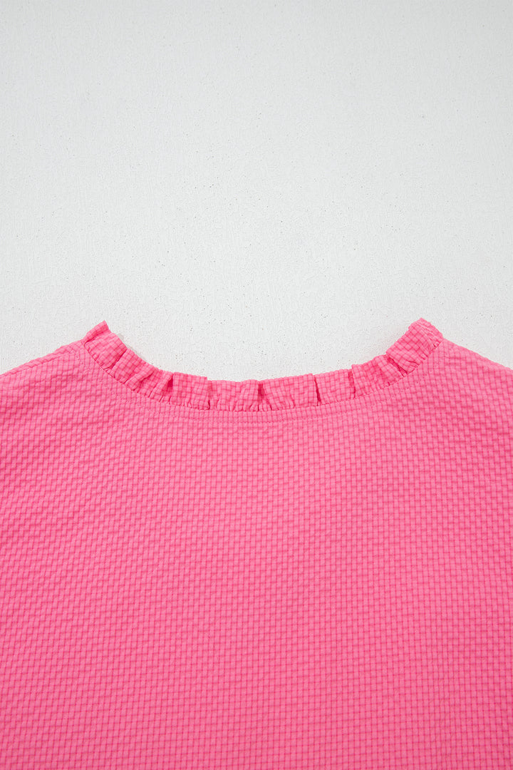 Sachet Pink Frilled V Neck Flower Embroidered Puff Sleeve Textured Blouse