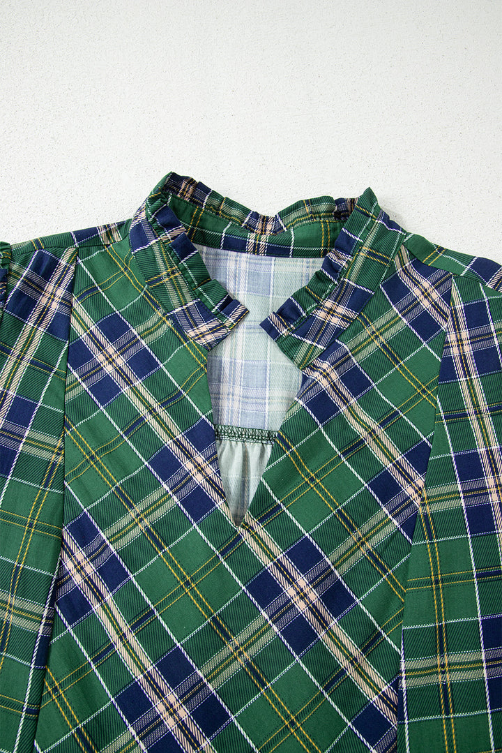 Green Plaid Print Frilly Collar Long Sleeve Shift Mini Dress