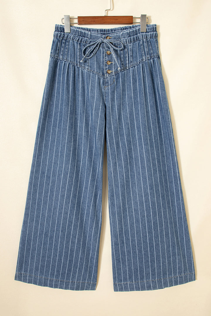 Sky Blue Stripe Button Pleated Drawstring Waist Casual Wide Leg Jeans