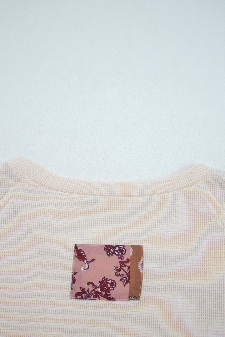 Beige Paisley Ethnic Print Contrast Patchwork Long Sleeve Loose Top