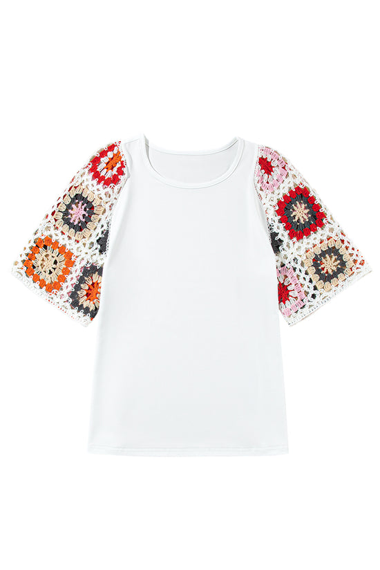 White Floral Crochet Short Sleeve Top | Women