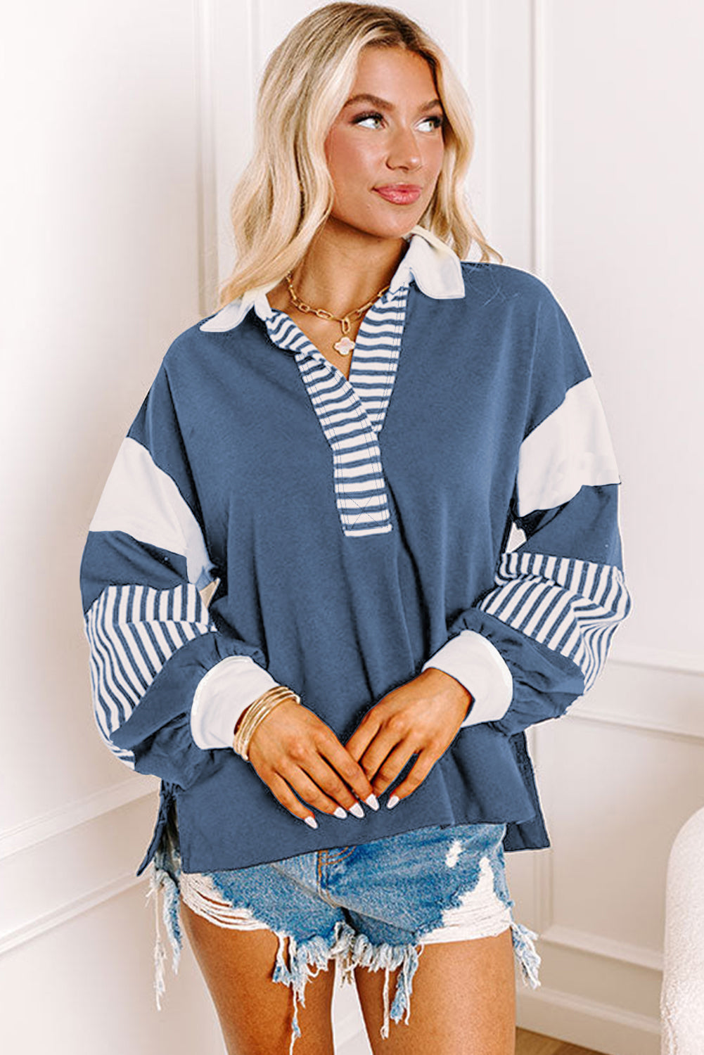 Sail Blue Striped Colorblock Patchwork Collar Sweatshirt