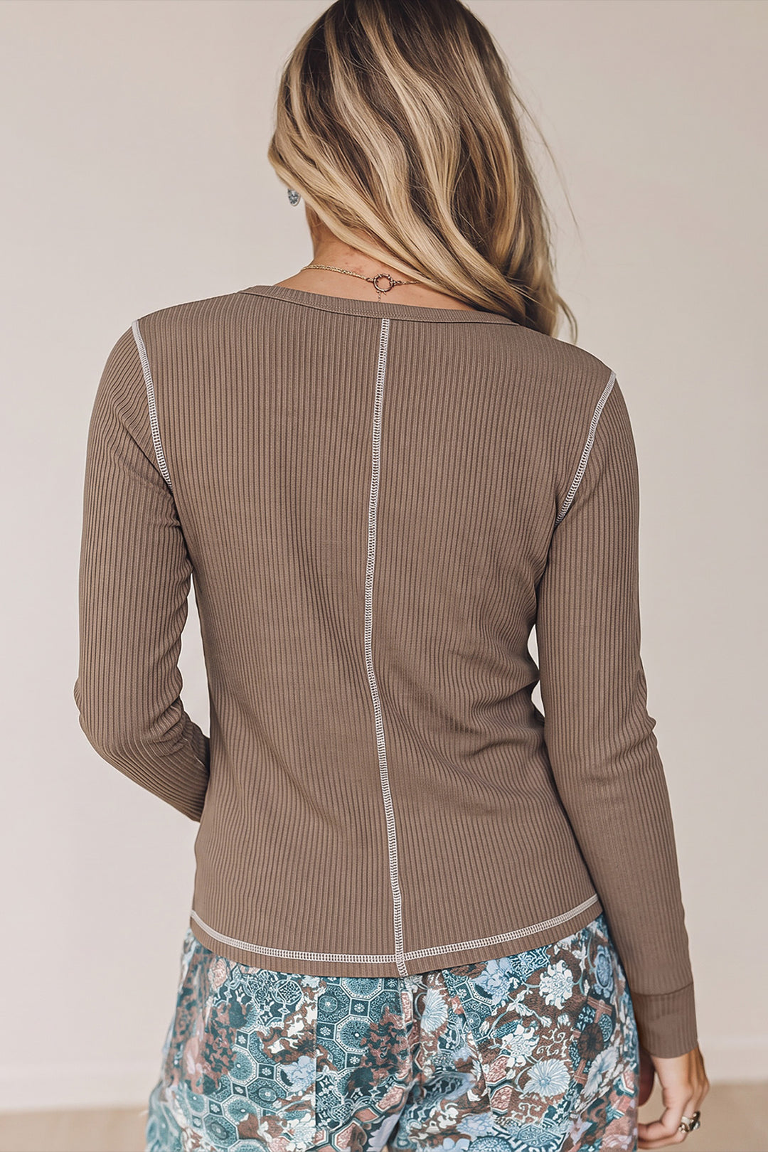 Flamingo V Neck Ribbed Stitched Detail Long Sleeve Top