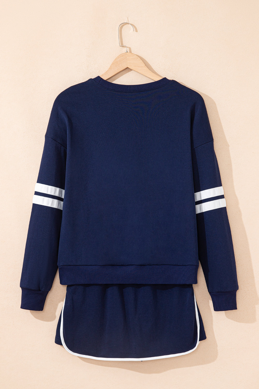 Navy Blue Varsity Stripe Detail Drop Shoulder Pullover Mini Skirt Set