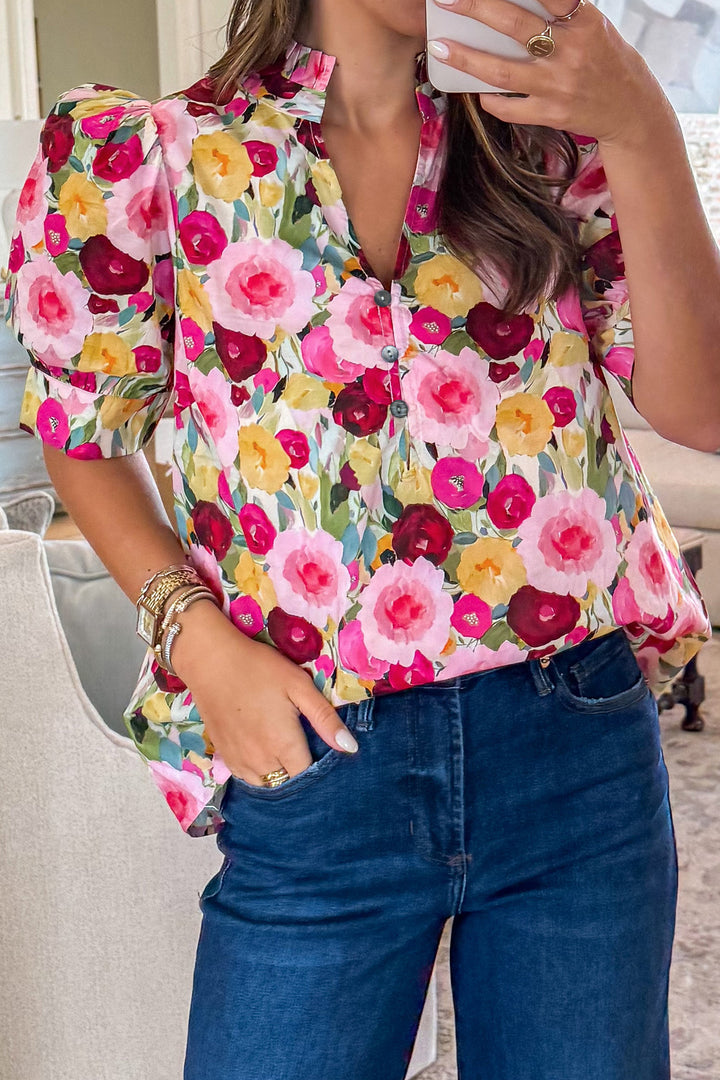 Pink Floral Frilled V Neck Puff Short Sleeve Cotton Blouse