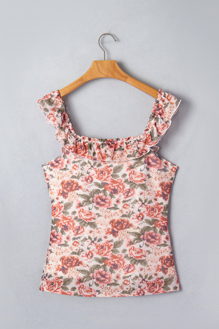 Multicolour Retro Floral Ruffle Trim Square Neck Tank Top