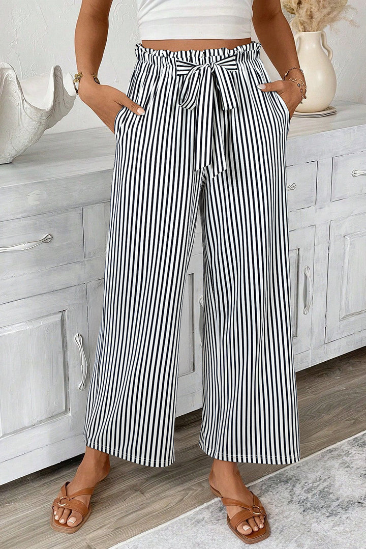 Black Stripe Tied High Waist Loose Straight Casual Pants