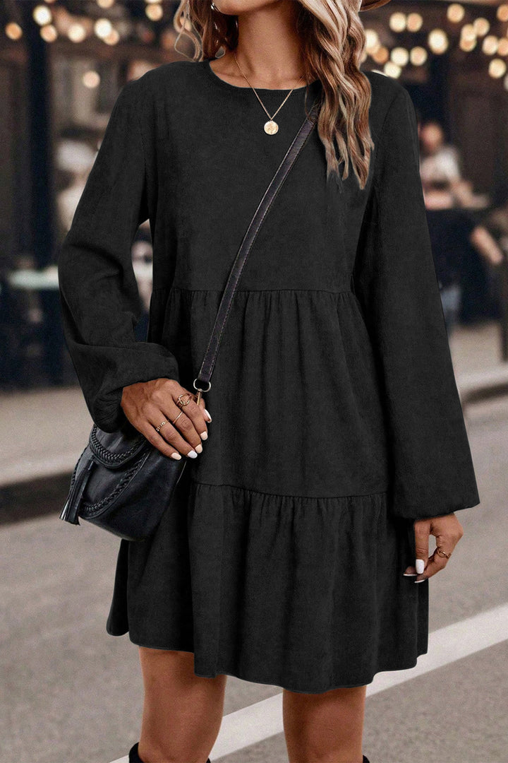 Dark Brown Lantern Sleeve Tiered Mini Dress