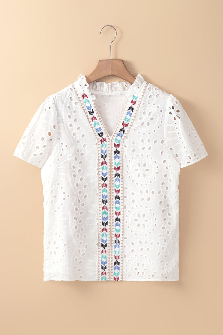 White Geometric Embroidery Hollow Out Blouse