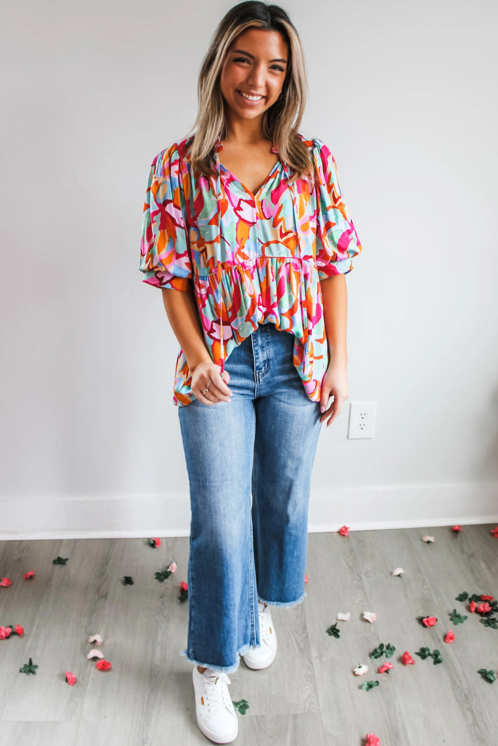 Rose Red Abstract Print Drawstring V Neck Half Sleeve Blouse