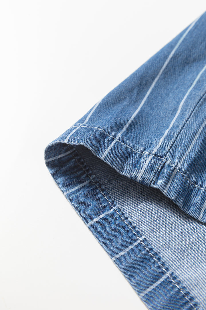 Blue Stripe Chambray Wide Leg Tied Elastic Waist Trousers