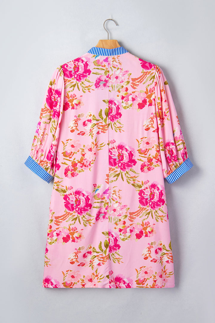 Multicolour Floral Striped Patchwork Trim Half Sleeve Mini Dress