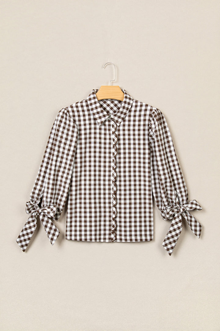 Brown Plaid Knot Half Sleeve Button Down Shirt